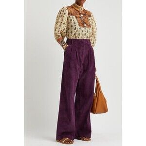 Farm Rio Anthropologie Women Pants Wide Leg Flare Wine Corduroy Preppy Sz XS NWT
